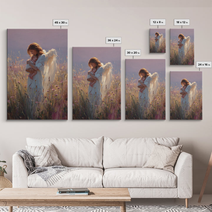 Angel Mother With Newborn Canvas Print, Golden Wildflower Meadow Painting, Guardian Angel Wall Art, Baby Nursery Decor, Gift For Mom
