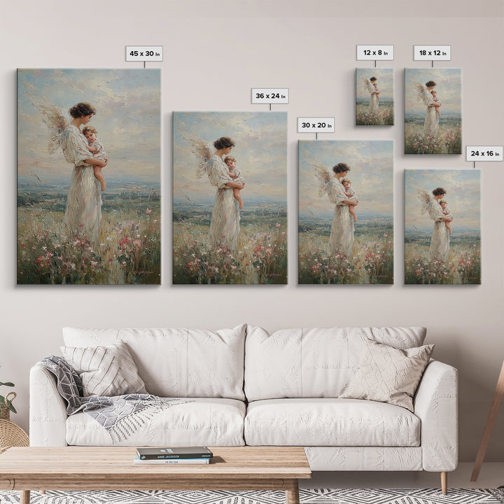 Guardian Angel Mother Holding Baby In Wildflower Meadow Wall Art, Christian Nursery Decor, Motherhood Gift, Fine Art Print