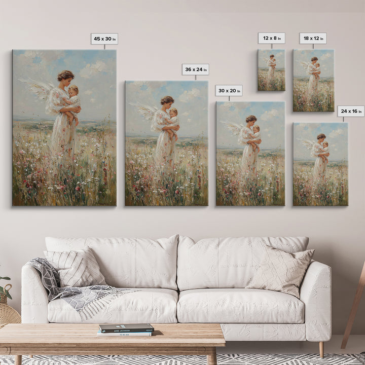 Serene Angel Mother Cradling Baby In Flower Field Framed Canvas Print, Christian Wall Art, Nursery Decor, Gift For Her And Mom