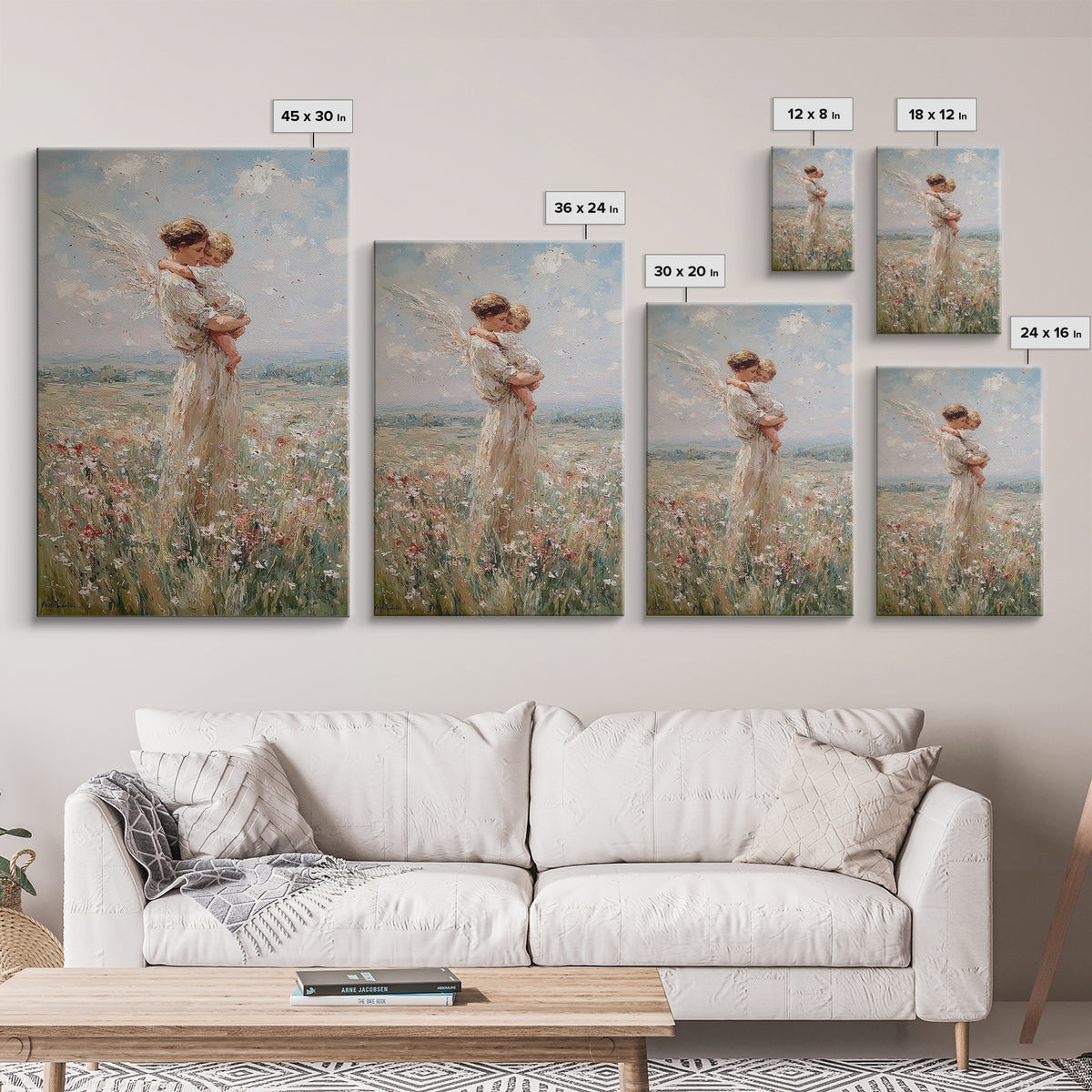 Protective Angel Mother And Child In Windy Meadow Canvas Print, Christian Wall Art, Nursery Art, Motherhood Gift For Her