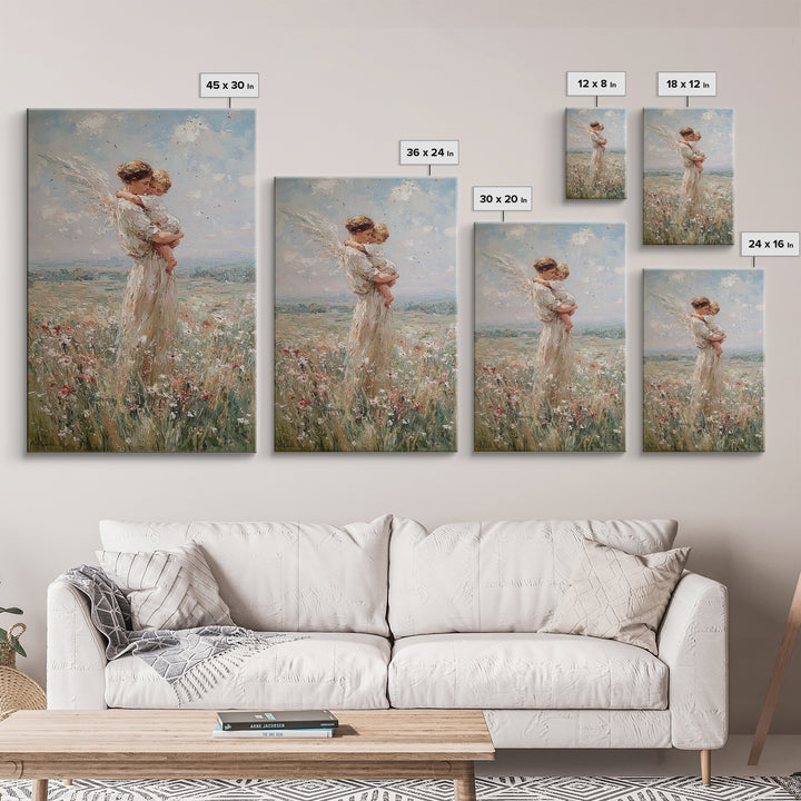 Protective Angel Mother And Child In Windy Meadow Canvas Print, Christian Wall Art, Nursery Art, Motherhood Gift For Her