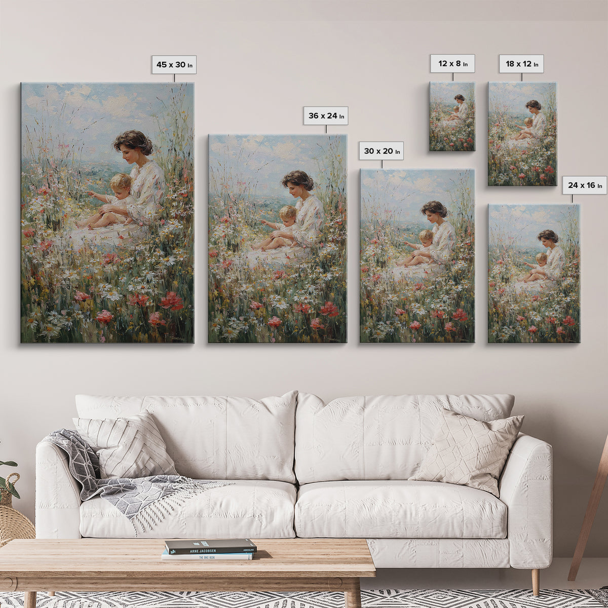 Mother And Child Resting In Daisy And Poppy Meadow Wall Art, Impressionist Floral Decor, Nursery Art Print, Gift For Mom