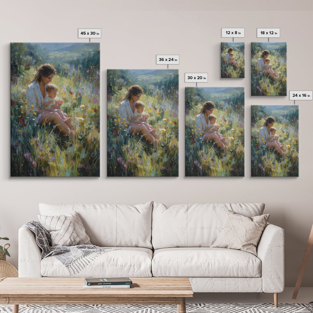 Glowing Mother And Baby In Mountain Wildflower Meadow Wall Art, Impressionist Landscape Decor, Nursery Art, Gift For Mom