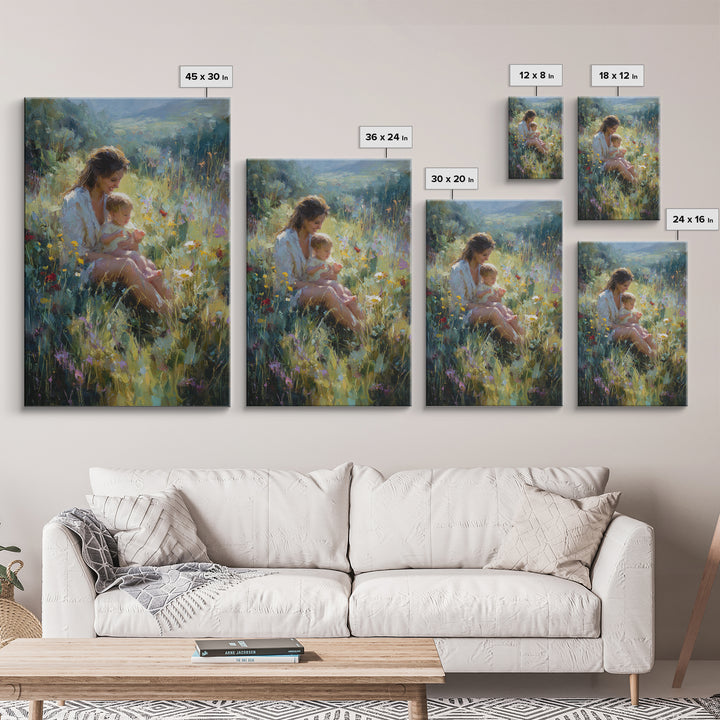 Glowing Mother And Baby In Mountain Wildflower Meadow Wall Art, Impressionist Landscape Decor, Nursery Art, Gift For Mom