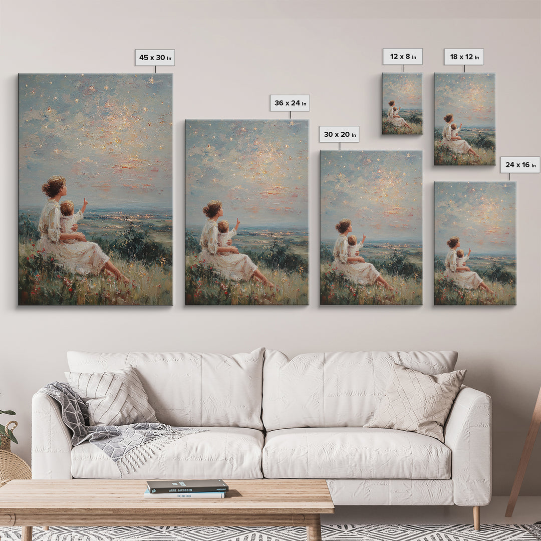 Mother And Child Under Sparkling Sky Wall Art, Impressionist Meadow Landscape Print, Nursery Decor, Gift For Mom, Living Room Decor