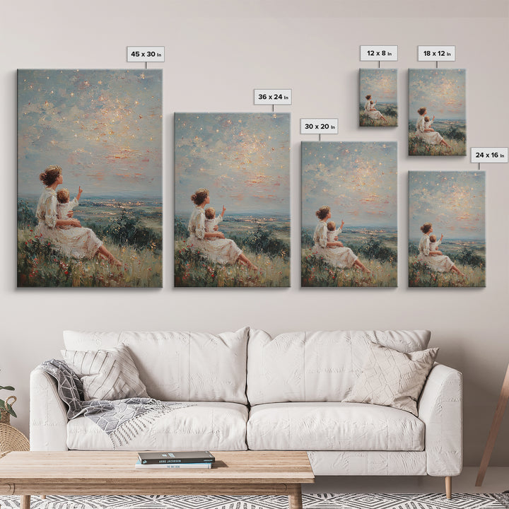 Mother And Child Under Sparkling Sky Wall Art, Impressionist Meadow Landscape Print, Nursery Decor, Gift For Mom, Living Room Decor