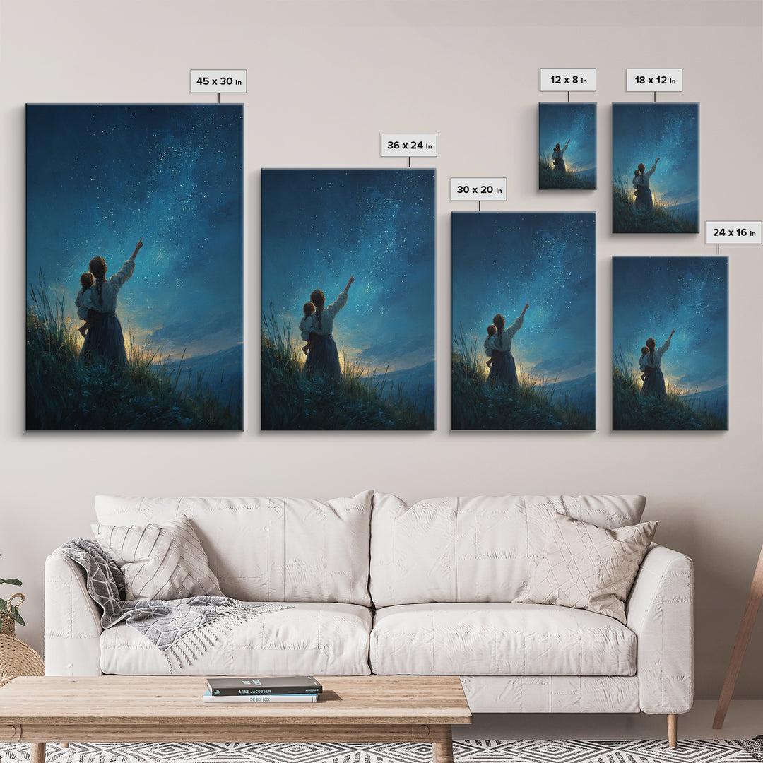 Mother And Child Stargazing At Milky Way Framed Canvas Print, Celestial Wall Art, Night Sky Decor, Nursery Gift, Mystical Home Decor