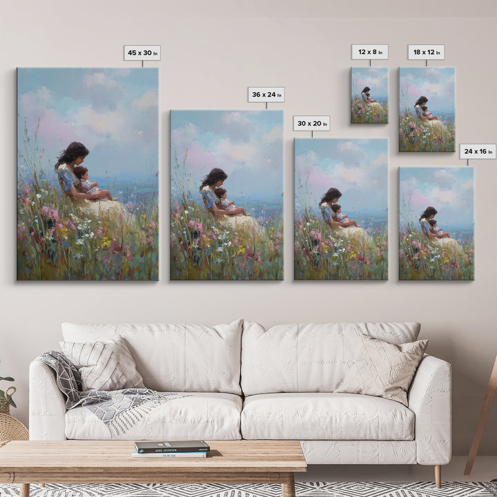 Mother Holding Baby In Wildflower Meadow Canvas Print, Impressionist Floral Wall Art, Nursery Decor, Gift For Her, Mothers Day Gift