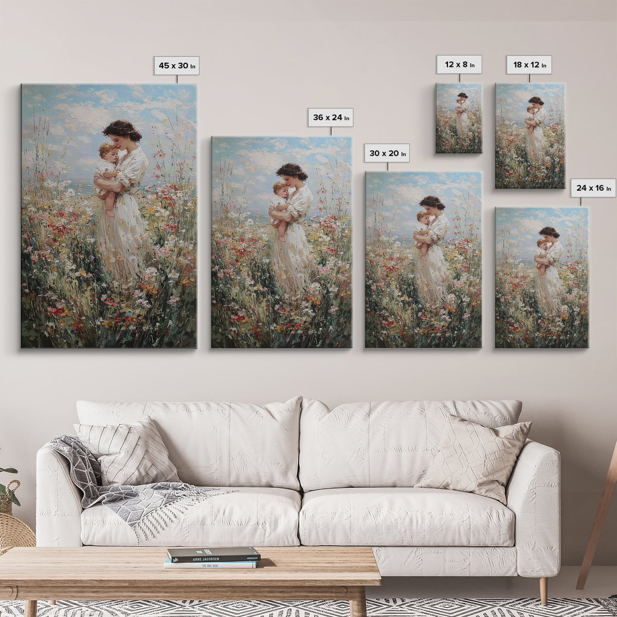 Mother Holding Baby In Sunlit Wildflowers Framed Canvas Print, Impressionist Floral Wall Art, Motherhood Gift, Nursery Decor