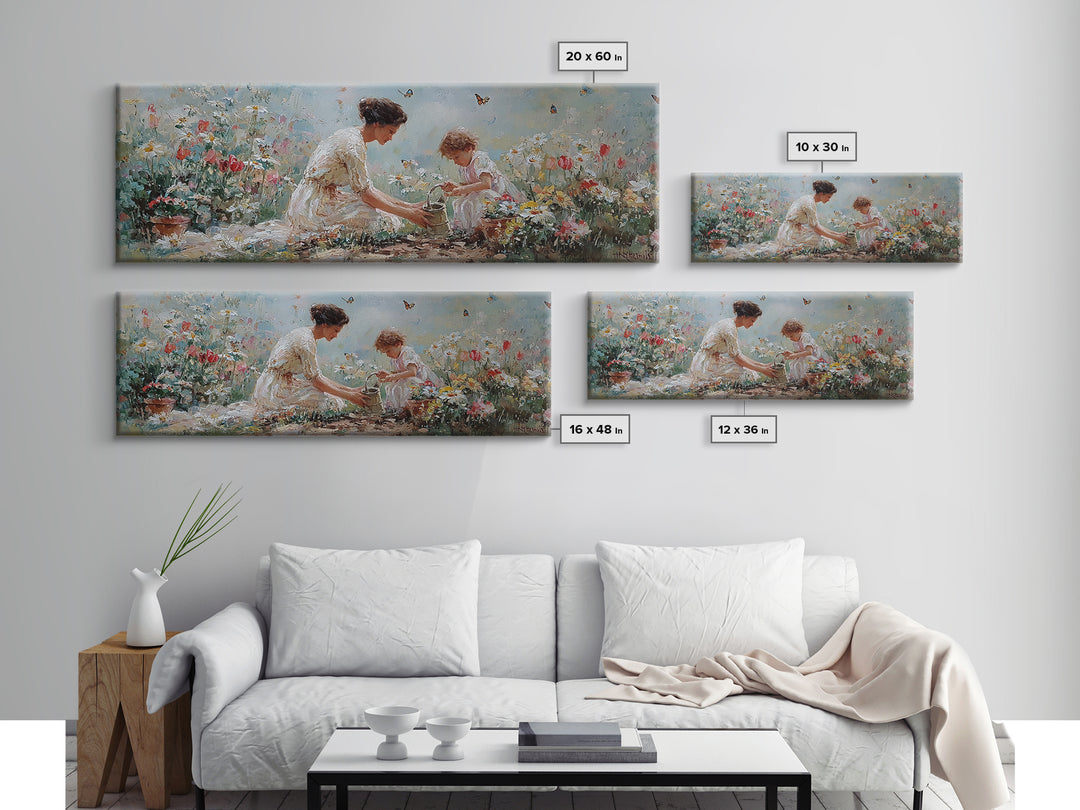 Mother And Child Garden Wall Art, Impressionist Wildflower Meadow Canvas Print, Feminine Nursery Decor Gift For Mom Home Decor
