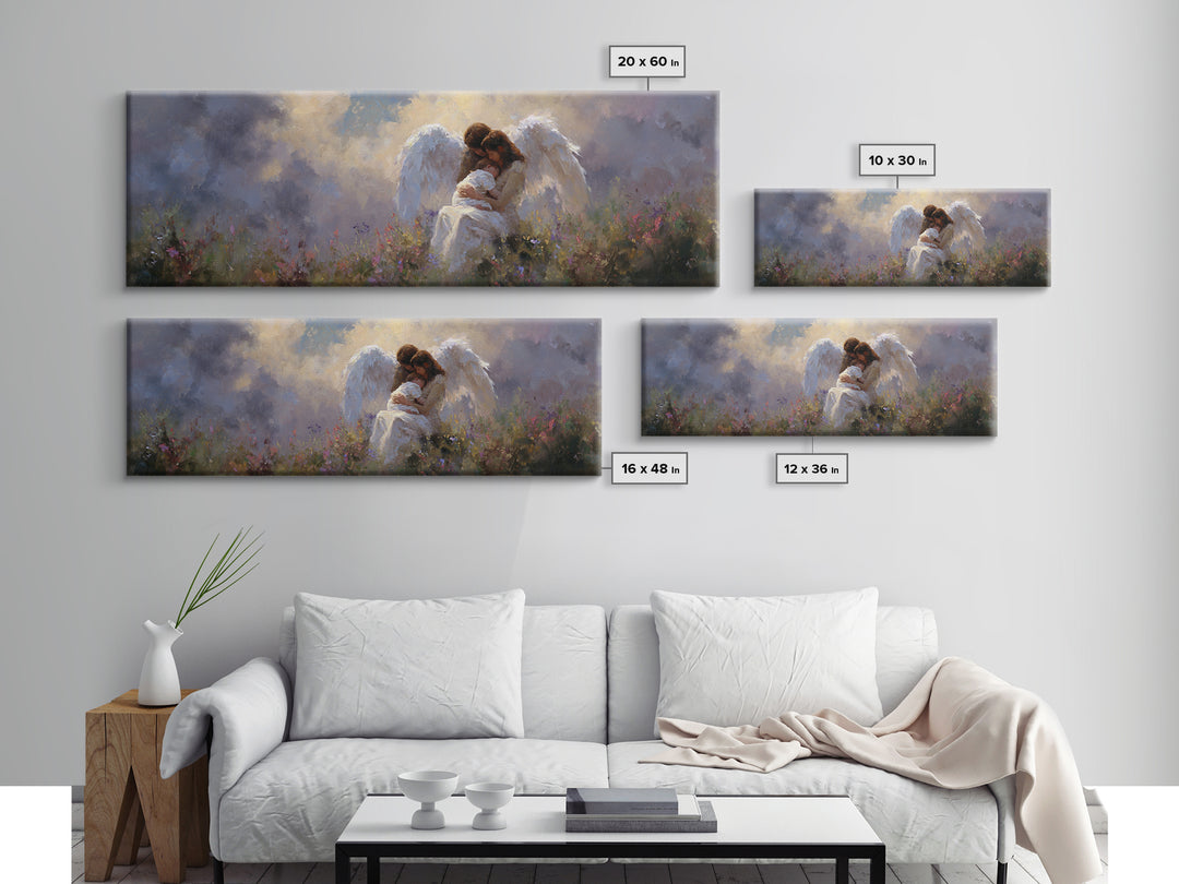 Guardian Angel And Child Wall Art, Ethereal Wildflower Meadow Framed Canvas Print, Christian Nursery Decor Gift For Baby Room