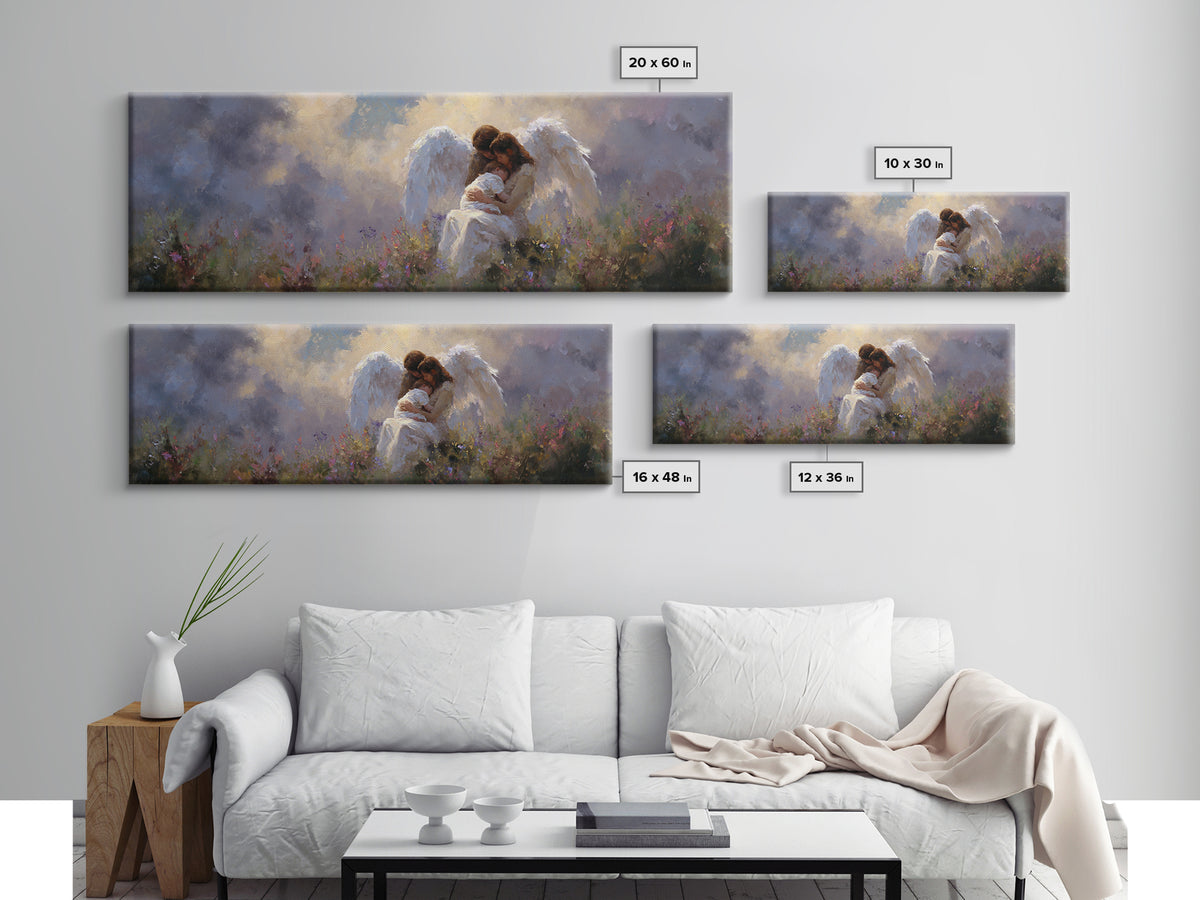 Guardian Angel And Child Wall Art, Ethereal Wildflower Meadow Framed Canvas Print, Christian Nursery Decor Gift For Baby Room