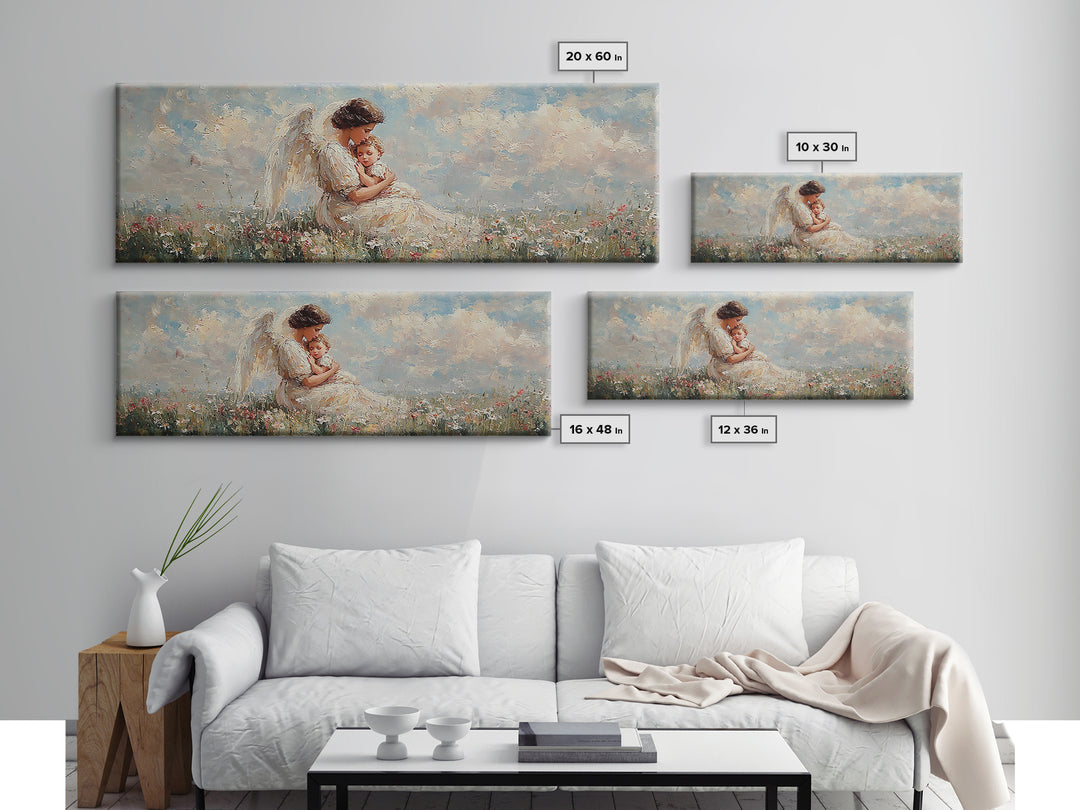 Angel Mother Holding Baby Wall Art, White Wings Wildflower Field Canvas Print, Christian Nursery Decor Gift For Mom Home Decor