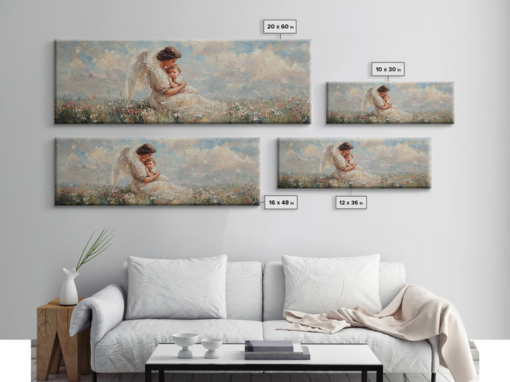 Angel Mother Holding Baby Wall Art, White Wings Wildflower Field Canvas Print, Christian Nursery Decor Gift For Mom Home Decor