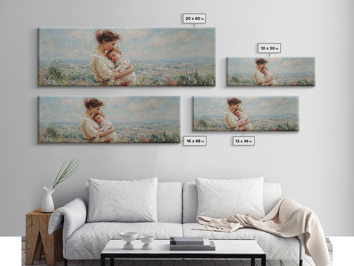 Mother Holding Sleeping Baby Wall Art, Tender Wildflower Landscape Canvas Print, Feminine Nursery Decor Gift For Mom Home Decor
