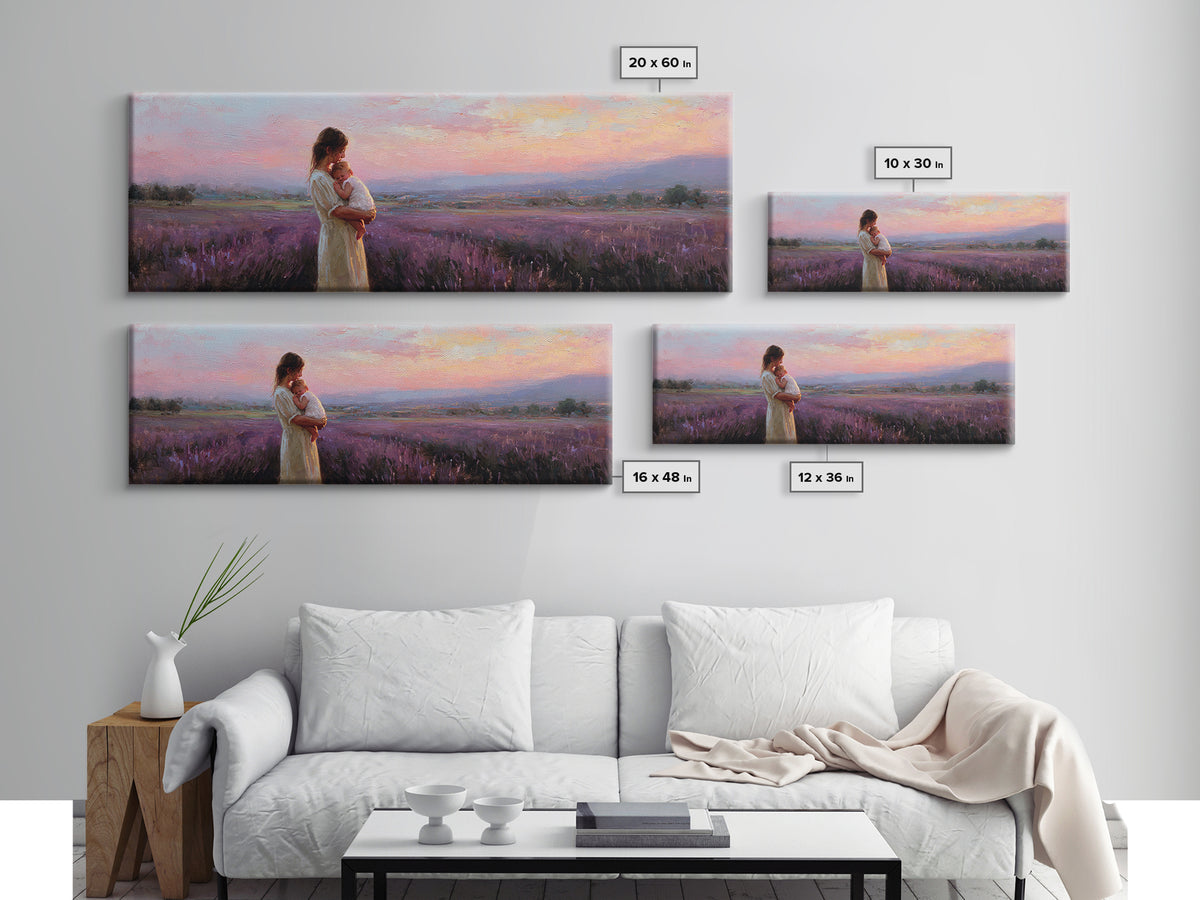Mother And Baby Lavender Field Wall Art, Sunset Landscape Canvas Print, Purple Romantic Bedroom Decor Gift For Mom Home Decor