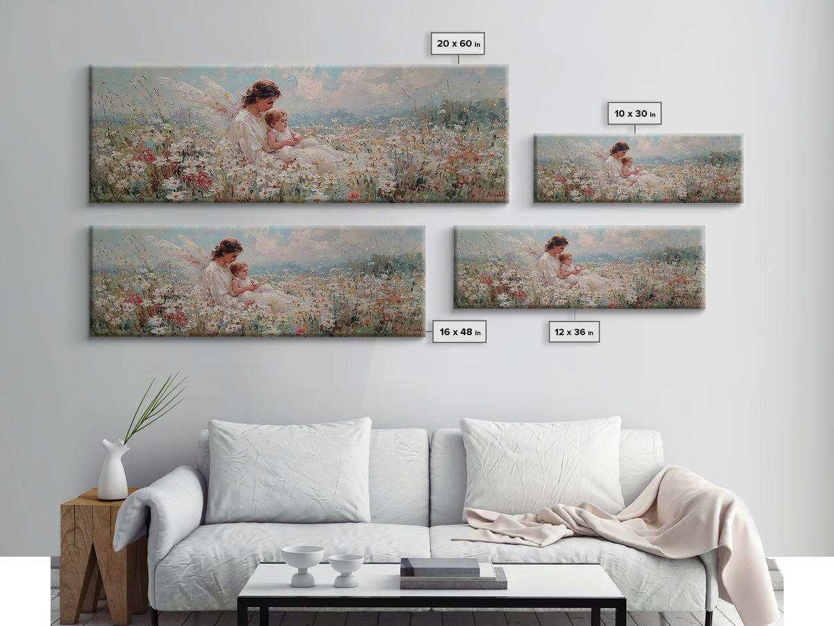 Angel Mother And Baby Daisy Meadow Wall Art, Heavenly Wildflower Canvas Print, Christian Nursery Decor Gift For Mom Home Decor
