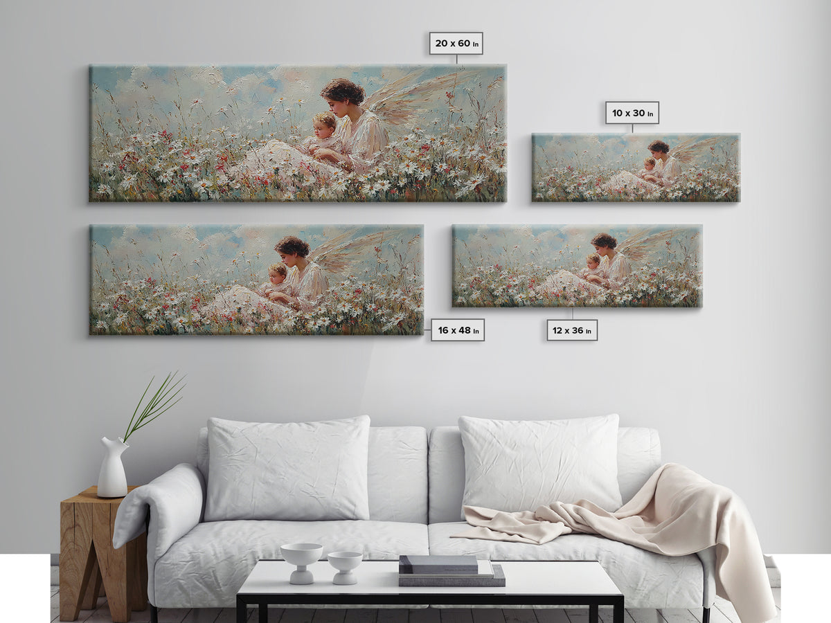 Angel Mother And Child In Wildflower Meadow Wall Art, Christian Nursery Decor, Angel Canvas, Motherhood Gift For Her, Serene Home Decor