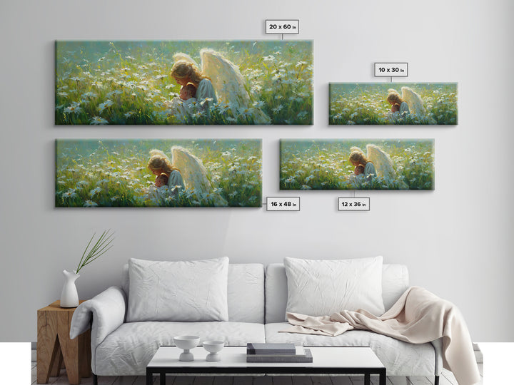 Guardian Angel Holding Baby In Daisy Meadow Framed Canvas Print, Christian Wall Art, Nursery Decor, Motherhood Gift For Her