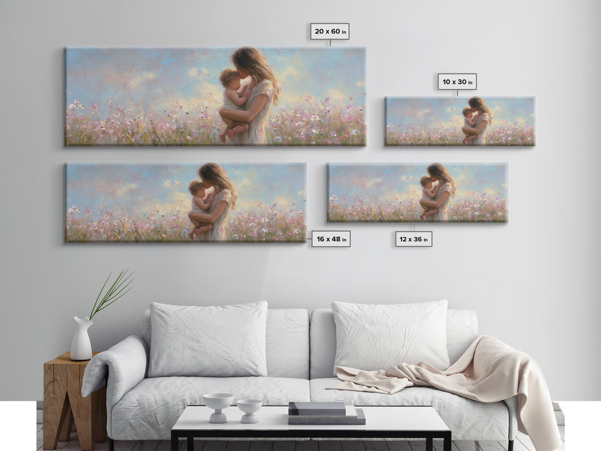 Tender Mother Holding Baby In Pastel Wildflowers Canvas Print, Motherhood Wall Art, Nursery Decor, Gift For Mom, Baby Shower Gift