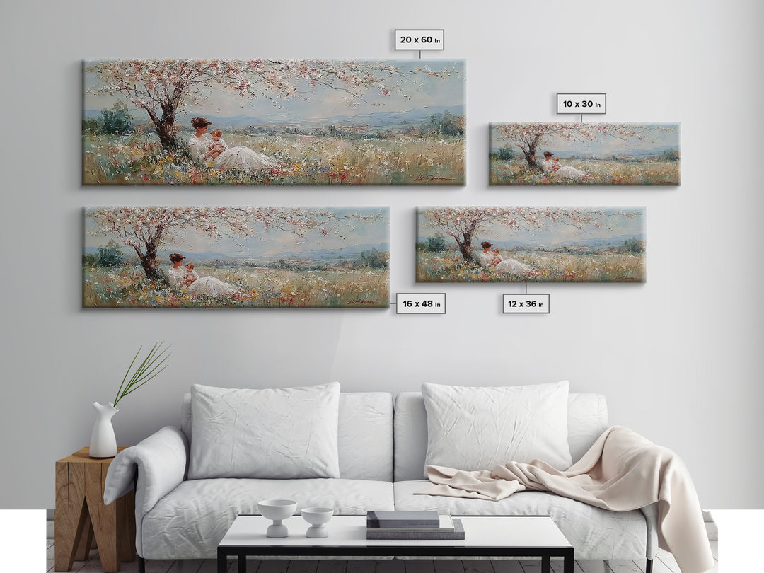 Mother And Baby Under White Blossom Tree In Meadow Framed Canvas Print, Floral Wall Art, Valley Landscape, Nursery Decor