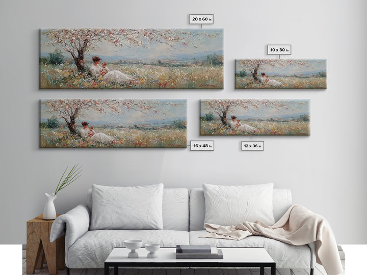 Mother And Baby Under White Blossom Tree In Meadow Framed Canvas Print, Floral Wall Art, Valley Landscape, Nursery Decor