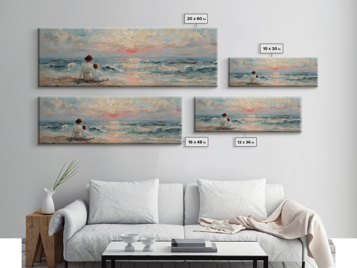 Mother And Child Watching Ocean Sunset Wall Art, Coastal Nursery Decor, Beach House Art, Seascape Painting, Gift For Mom