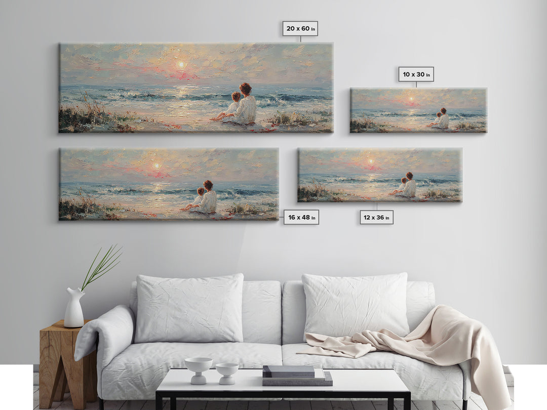 Mother And Child Sitting By Seaside Sunset Canvas Print, Coastal Wall Art, Beach House Decor, Ocean Painting, Gift For Mom