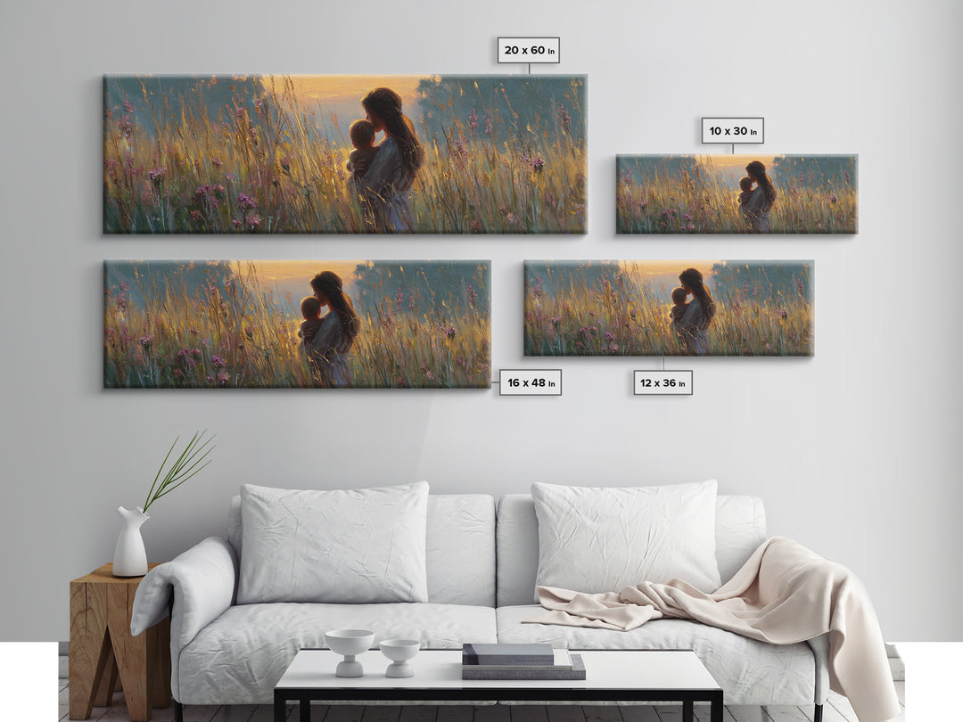 Golden Meadow Mother And Baby Wall Art, Impressionist Wildflower Nursery Decor, Feminine Landscape Canvas Gift For New Mom