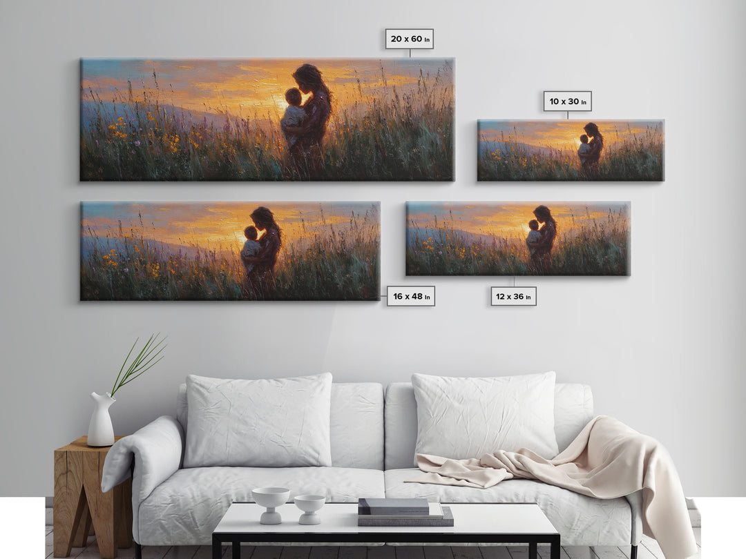 Sunset Meadow Mother And Baby Framed Canvas Print, Impressionist Wildflower Wall Decor, Motherhood Gift For Her, Living Room Art