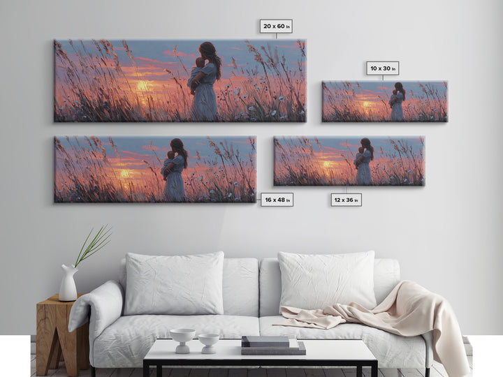 Pink Sunset Mother And Baby Canvas Print, Romantic Wildflower Field Wall Art, Feminine Nursery Decor And Bedroom Gift For Mom
