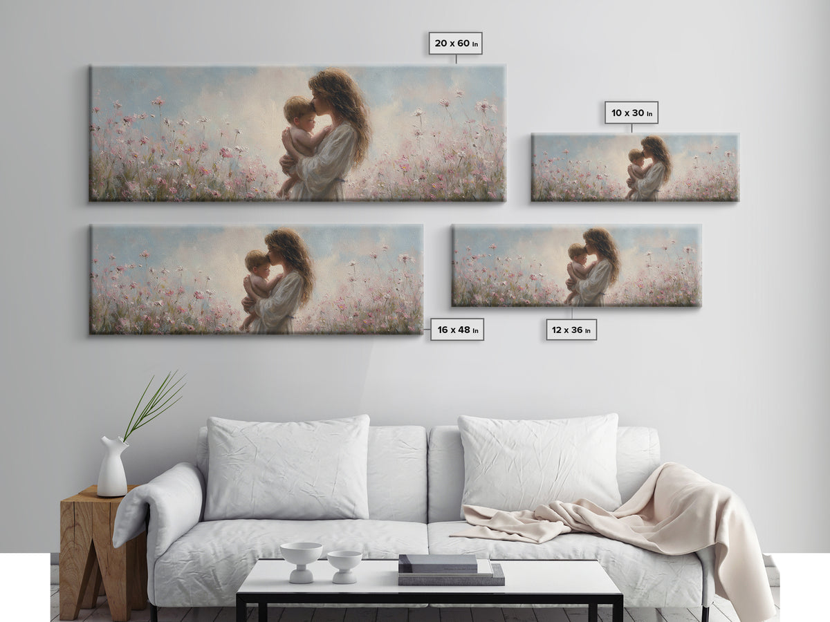 Soft Floral Mother And Baby Wall Art, Dreamy Impressionist Wildflower Meadow, Feminine Nursery Decor Gift For Mom Bedroom Decor