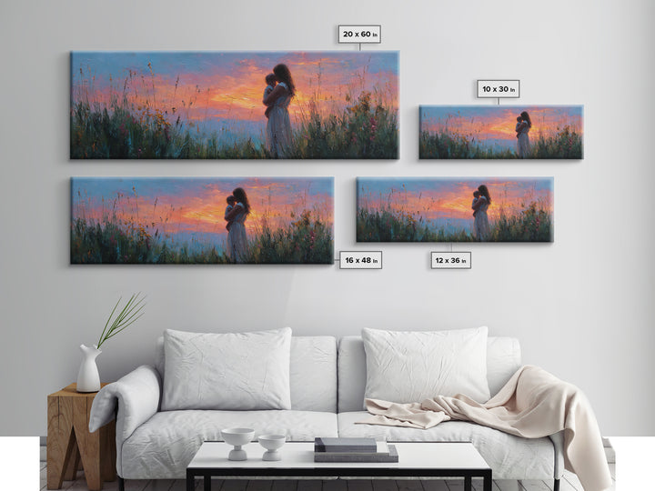Twilight Meadow Mother And Baby Wall Art, Pink Sunset Wildflower Landscape, Romantic Motherhood Canvas Print For Bedroom