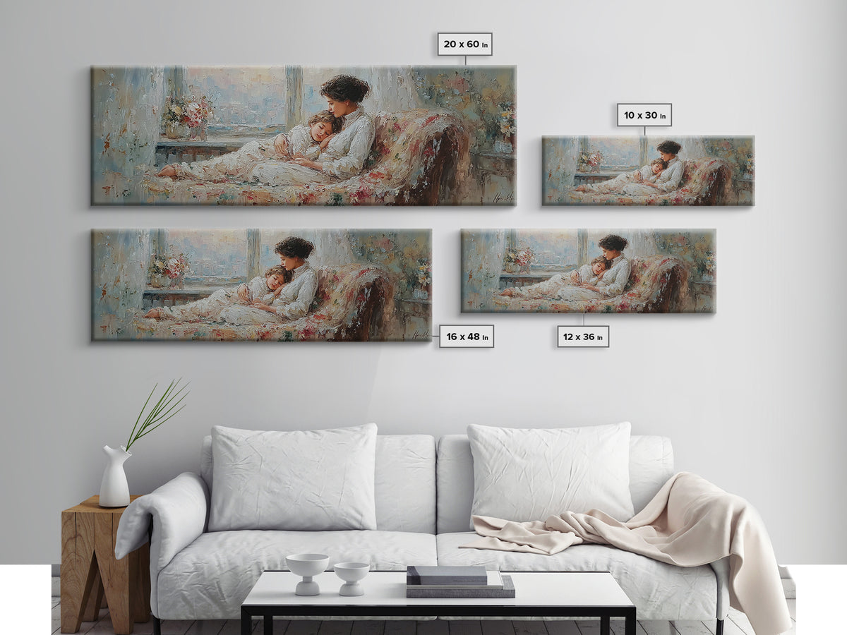 Sleeping Mother And Child On Floral Sofa Wall Art, Cozy Bedroom Decor, Impressionist Motherhood Canvas Print Gift For Mom