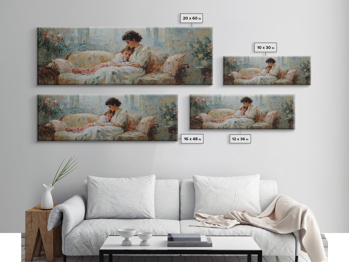 Mother And Child Reading On Floral Sofa Framed Canvas Print, Cozy Home Decor, Feminine Bedroom Wall Art Gift For Her Nursery Decor