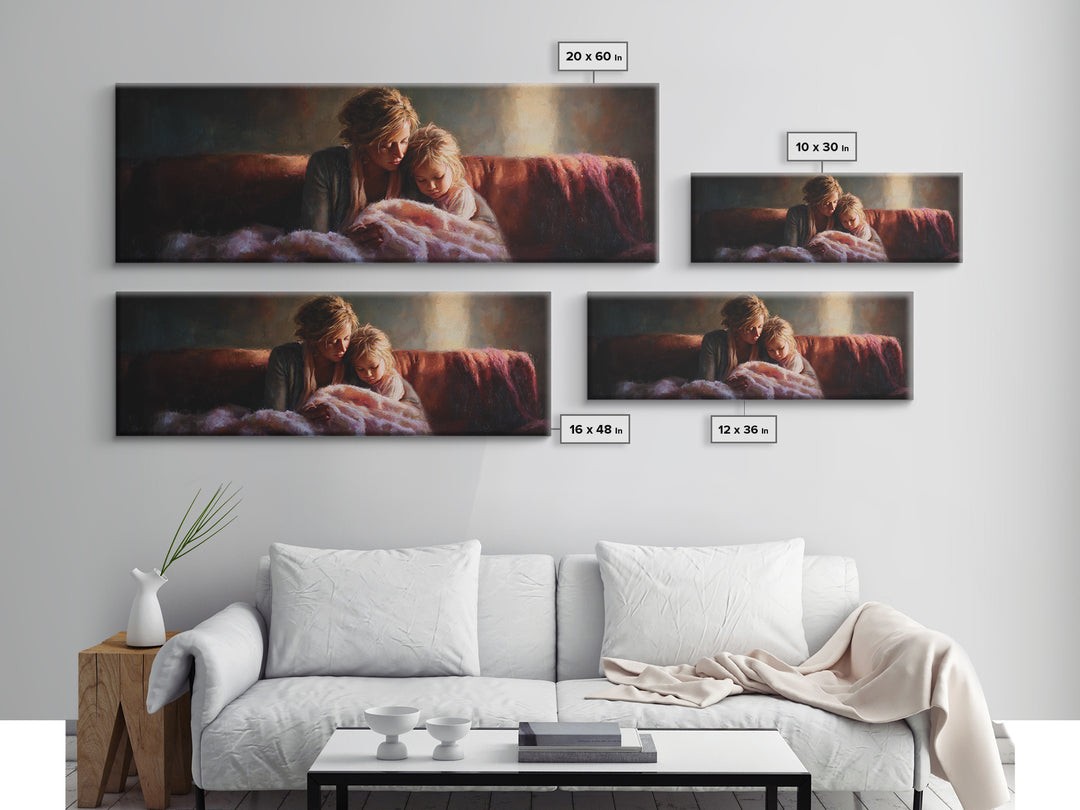 Moody Mother And Daughter Reading Wall Art, Warm Lamplight Sofa Scene, Cozy Bedroom Canvas Print Gift For Mom Living Room Decor