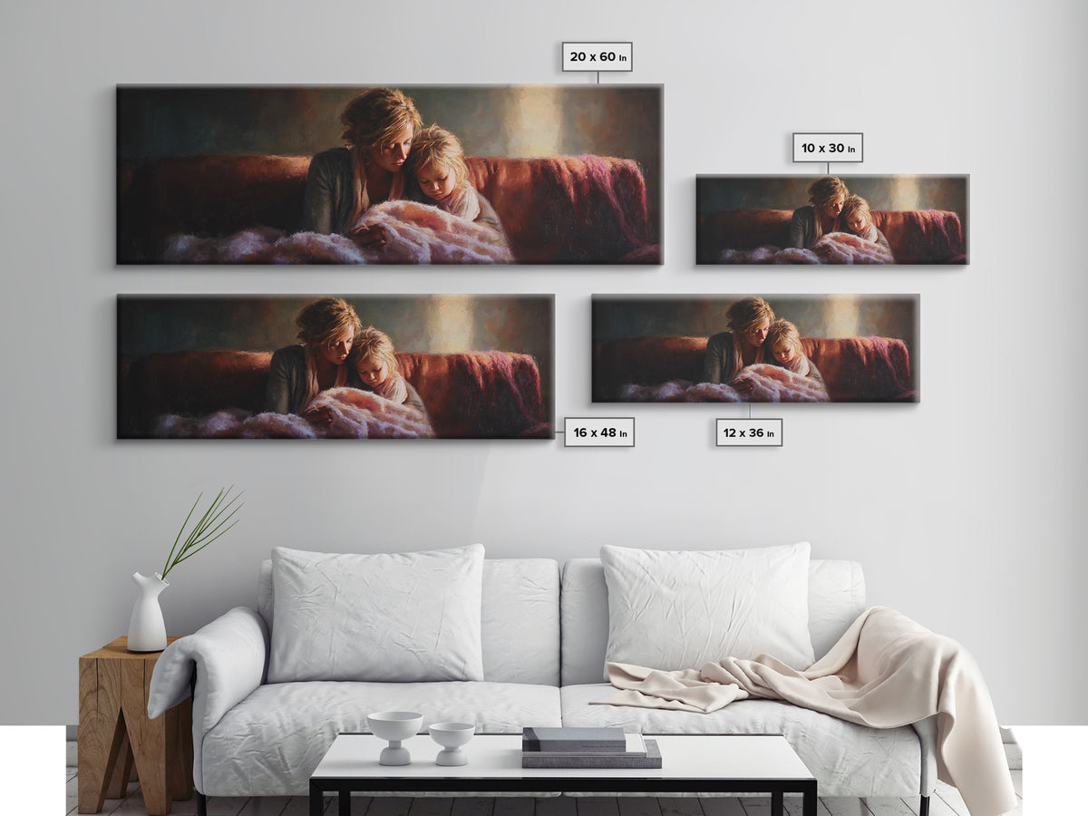 Moody Mother And Daughter Reading Wall Art, Warm Lamplight Sofa Scene, Cozy Bedroom Canvas Print Gift For Mom Living Room Decor