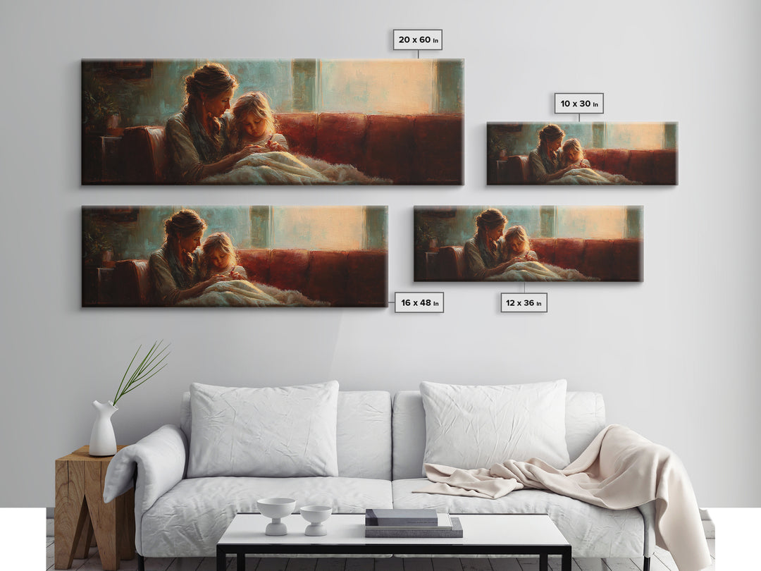 Warm Mother And Child Bedtime Story Canvas Print, Cozy Lamplight Sofa Wall Art, Family Living Room Decor Gift For Her Bedroom Decor