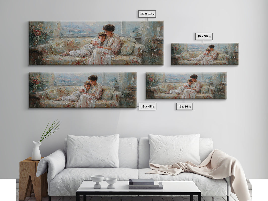 Mother And Child On Floral Sofa Framed Canvas Print, Impressionist Nursery Decor, Feminine Bedroom Wall Art, Gift For Her