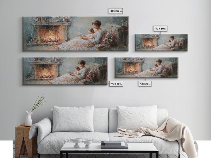 Mother Reading By Fireplace With Child Canvas Print, Cozy Bedroom Wall Art, Impressionist Living Room Decor, Gift For Mom