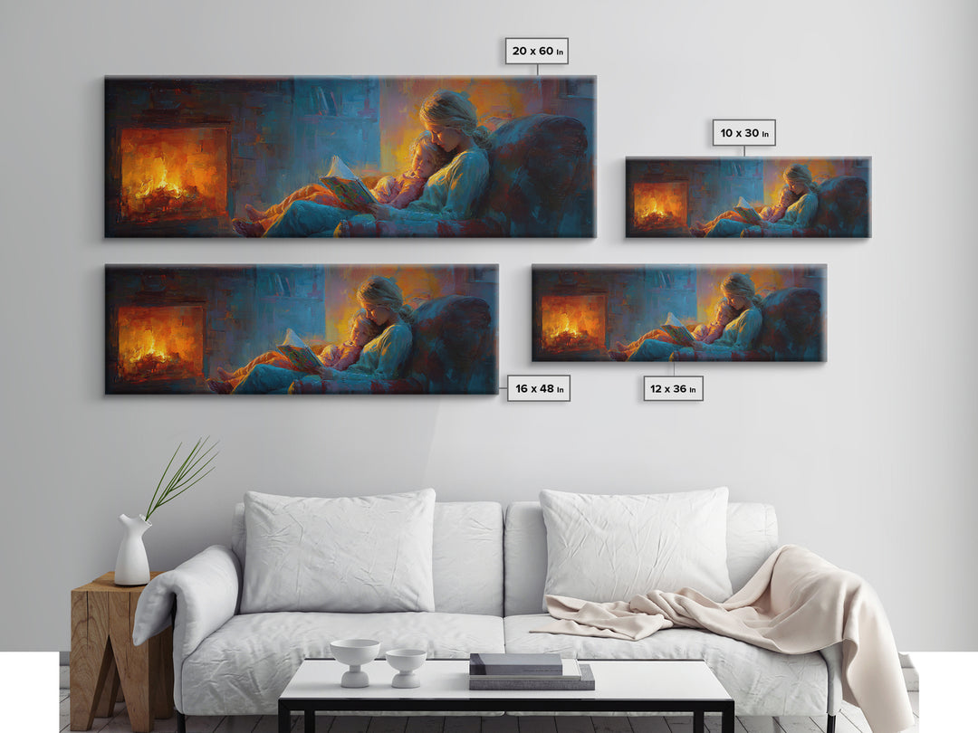 Cozy Mother And Child Reading By Firelight Wall Art, Moody Impressionist Canvas Print, Dark Academia Living Room Decor Gift