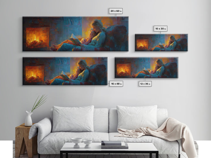 Cozy Mother And Child Reading By Firelight Wall Art, Moody Impressionist Canvas Print, Dark Academia Living Room Decor Gift