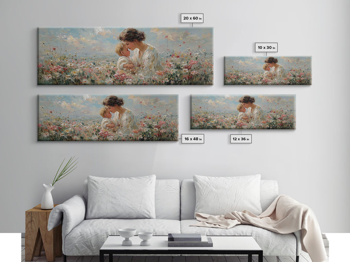 Mother Kissing Baby In Wildflower Meadow Framed Canvas Print, Feminine Floral Wall Art, Soft Nursery Decor, Gift For Her
