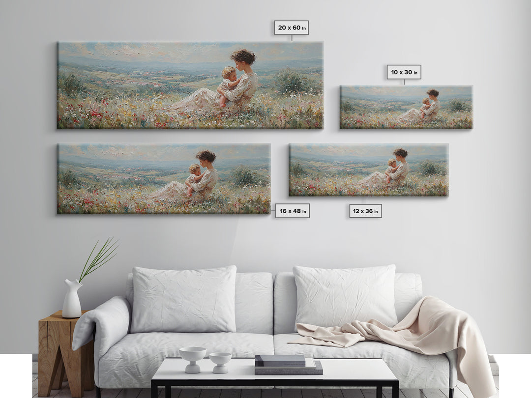Mother Holding Baby In Sunlit Meadow Canvas Print, Panoramic Landscape Wall Art, Floral Nursery Decor, Housewarming Gift