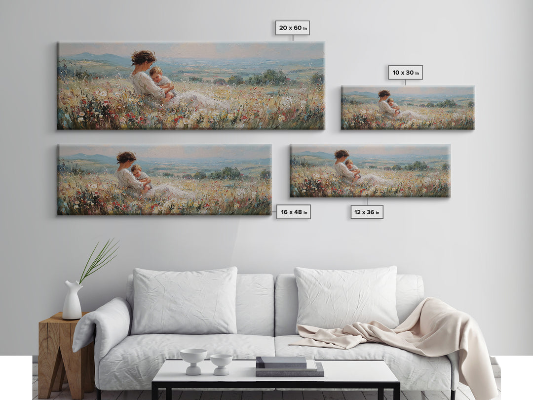 Mother And Baby Resting In Wildflowers Wall Art, Impressionist Landscape Canvas Print, Feminine Nursery Decor, Gift For Mom