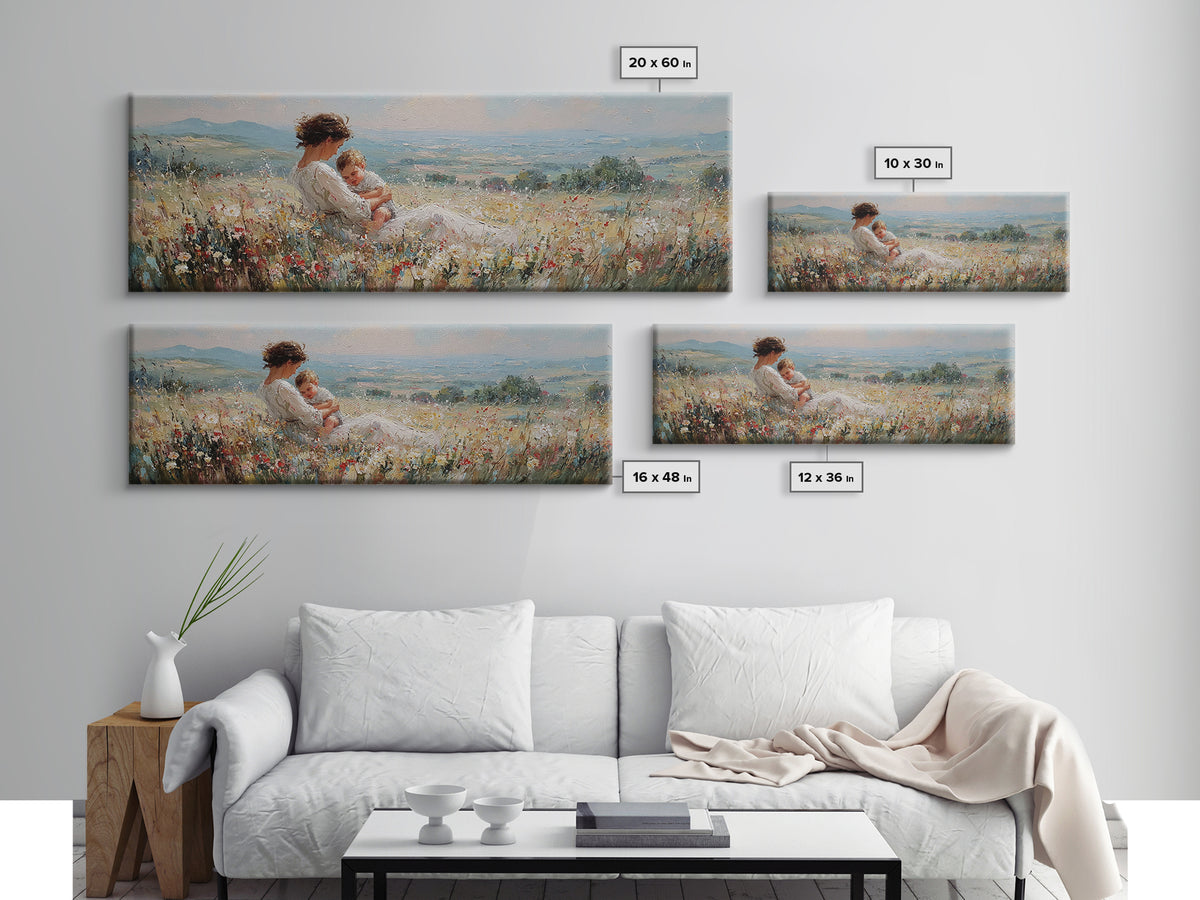 Mother And Baby Resting In Wildflowers Wall Art, Impressionist Landscape Canvas Print, Feminine Nursery Decor, Gift For Mom