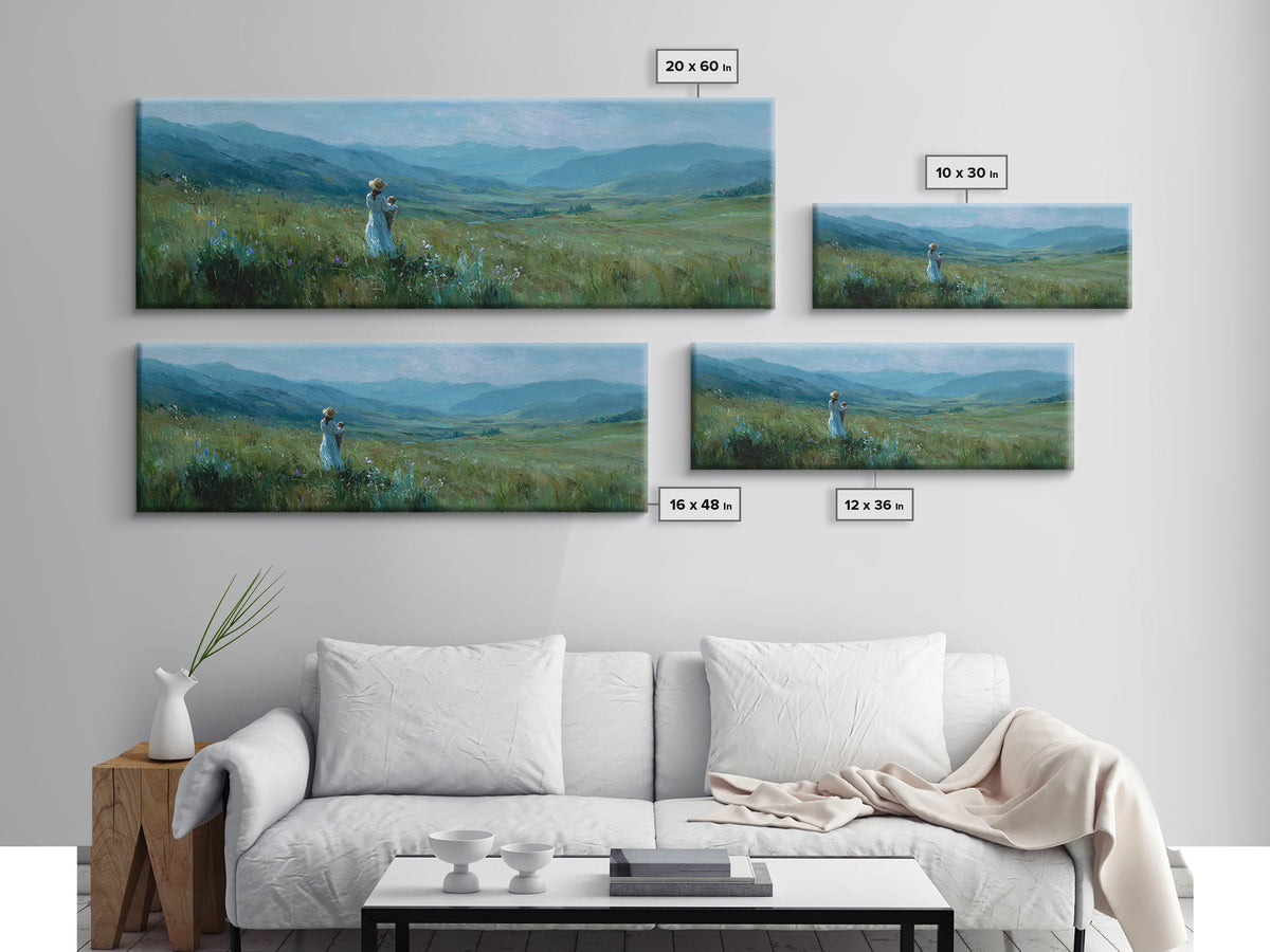 Mother And Child Over Mountain Valley Framed Canvas Print, Panoramic Landscape Wall Art, Blue Green Nature Decor Gift For Her