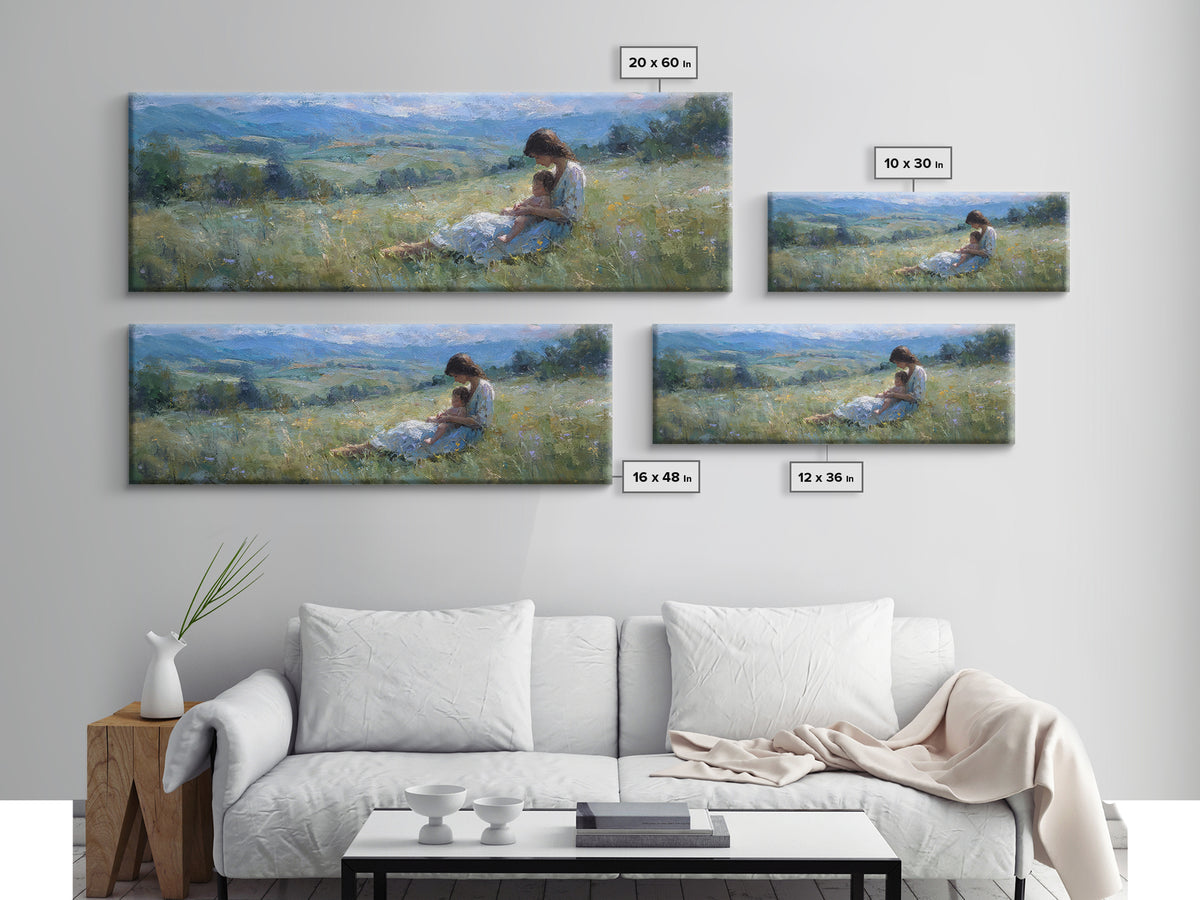 Mother And Child In Blue Mountain Meadow Canvas Print, Impressionist Landscape Wall Art, Peaceful Bedroom Decor, Gift For Her