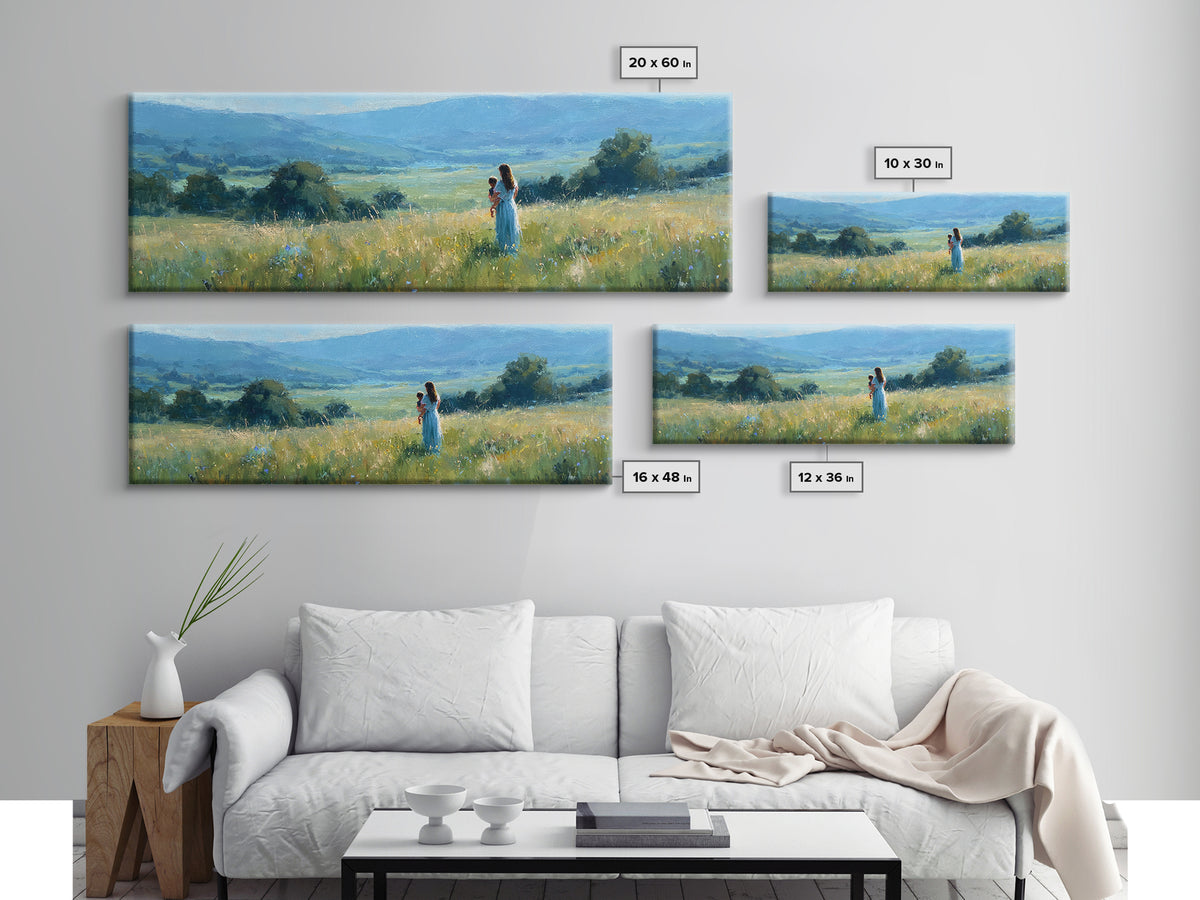 Mother Holding Child In Golden Meadow Wall Art, Panoramic Blue Mountain Canvas Print, Nature Nursery Decor, Housewarming Gift