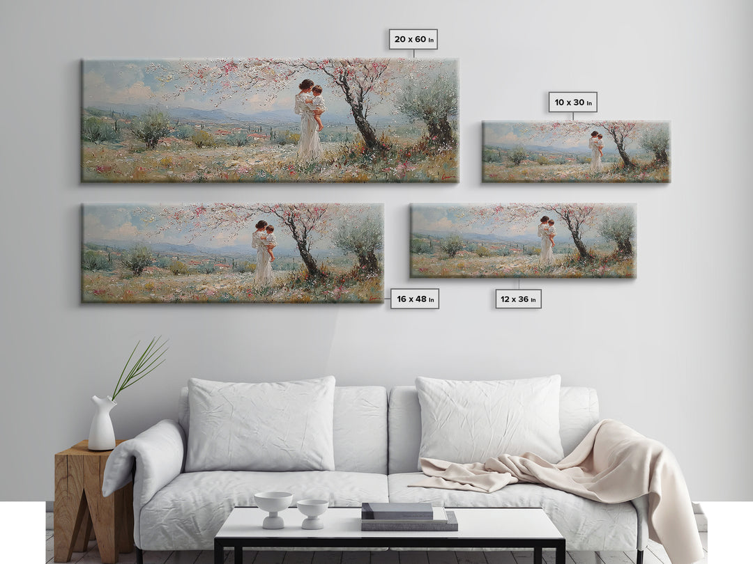 Mother And Baby Under Blossoming Tree Framed Canvas Print, Impressionist Spring Landscape Wall Decor, Nursery Art Gift For Her